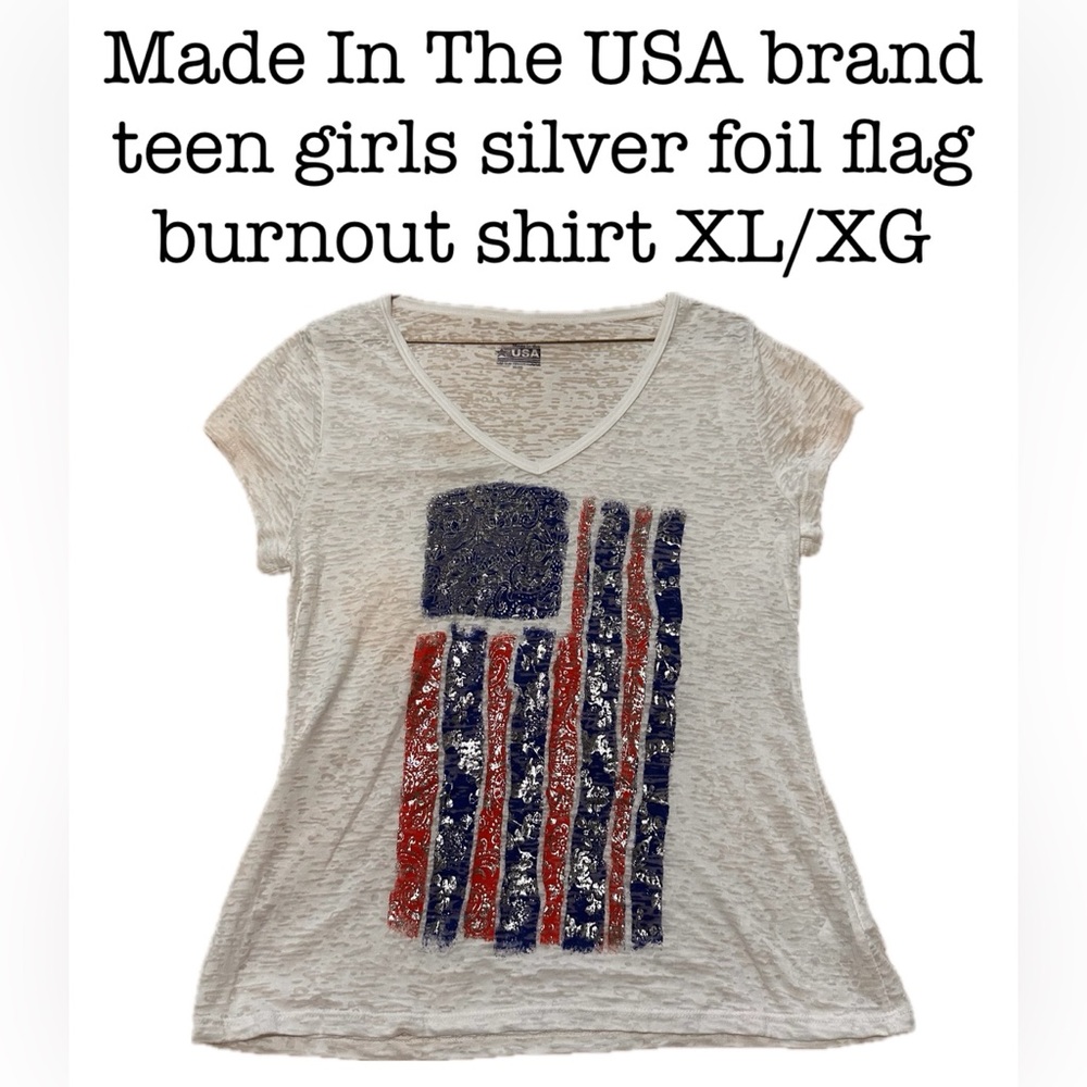 Made In The USA brand teen girls 15-17 silver foil flag burnout shirt XL/XG